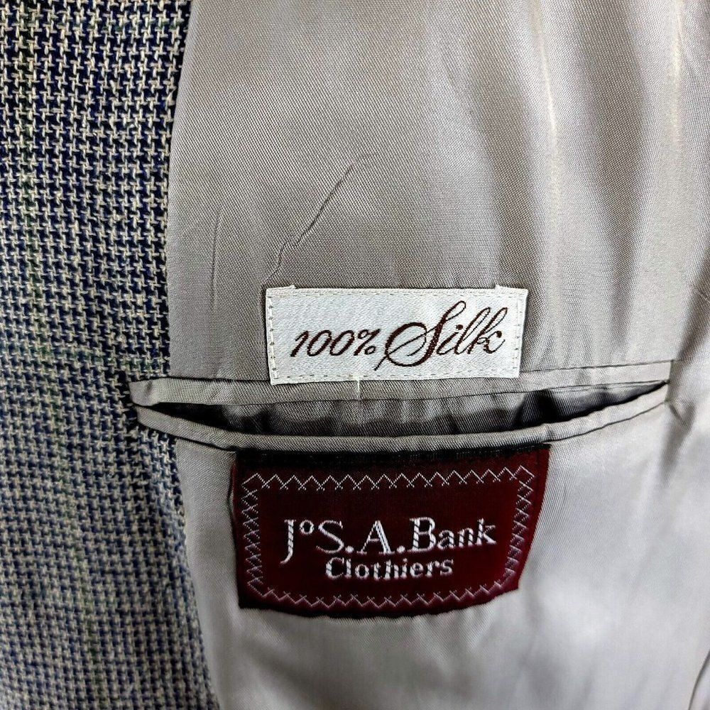Jos A Bank 100% Silk 2 Button‎ Sport Coat Blue Tan Check W/ Green Windowpane 42R - Picture 8 of 10
